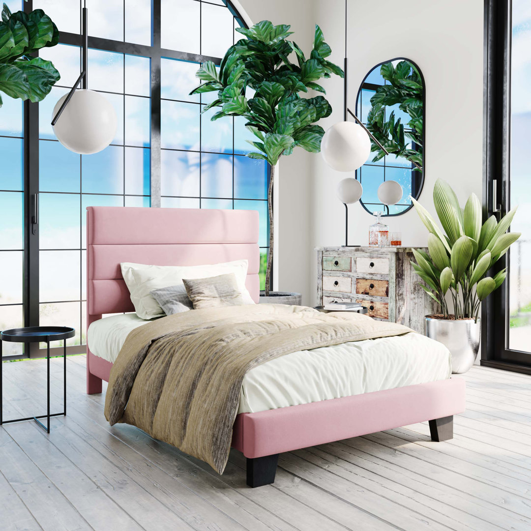 Elison Platform Bed with Fabric Upholstered Headboard and Wooden Slats